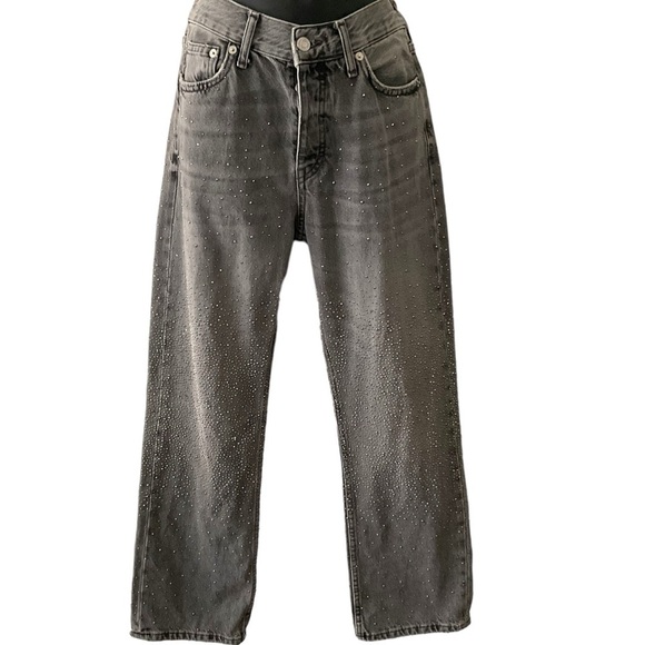 Zara Gray Studded Boho Jean Denim Collegecore Mid-Rise Straight Women Leg SZ 4 - Picture 2 of 9